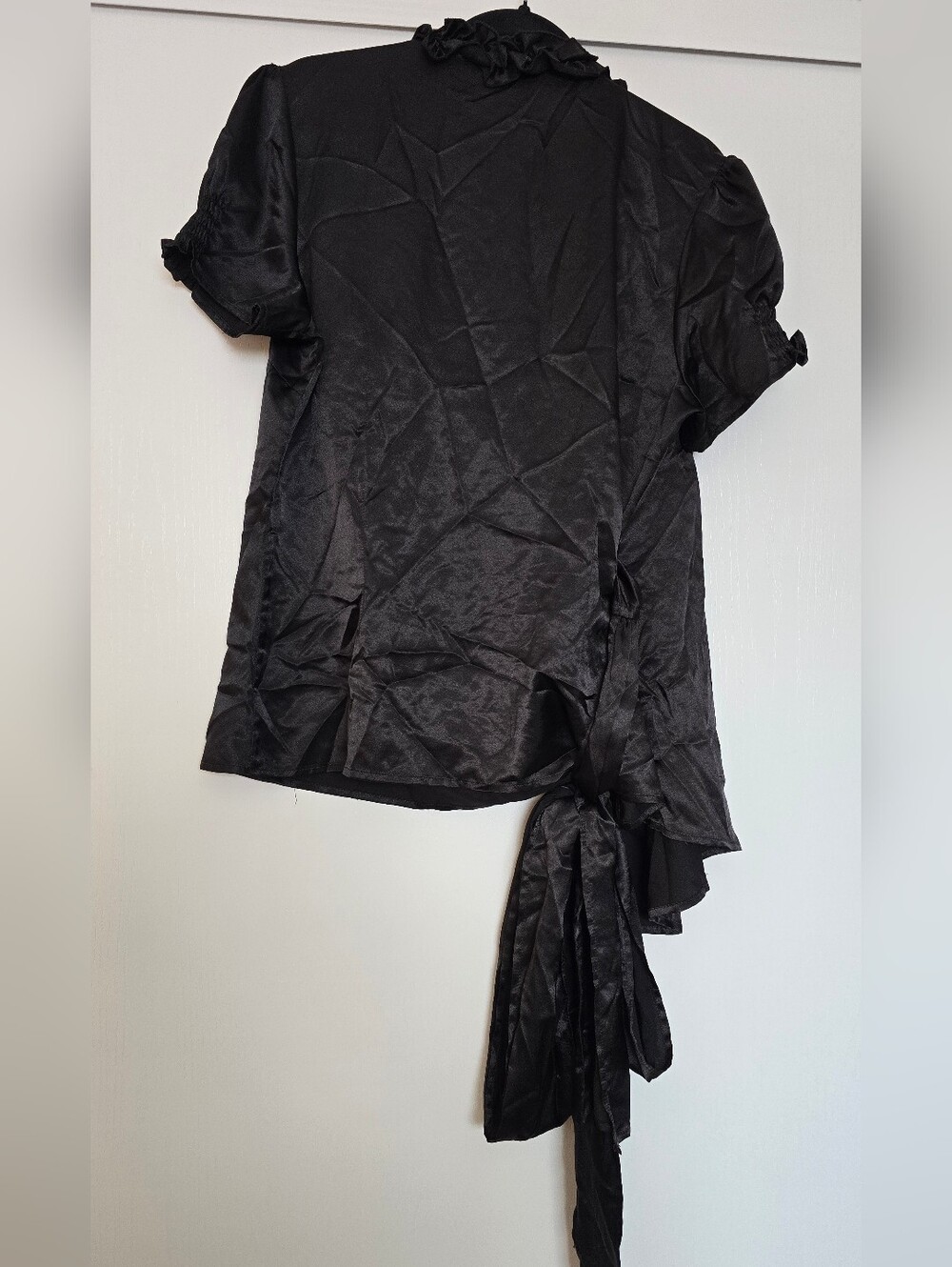 Mojo USA - Black Satin Evening Ruffle Short-Sleeve Wrap Top - Picture 3 of 4
